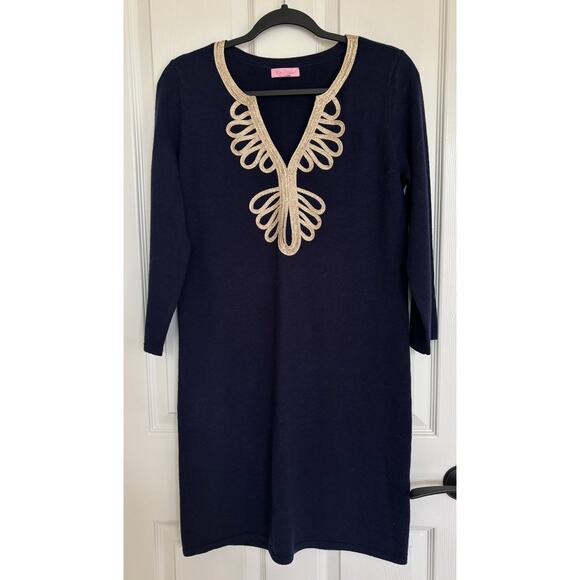 Lilly Pulitzer Navy Blue Sweater Dress Long Sleeve Medium Devlin Shift - Picture 1 of 3